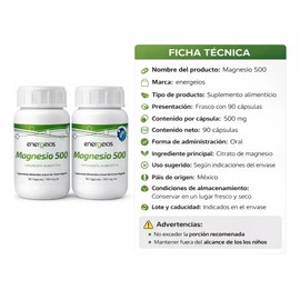 Citrato Magnesio Energeios 500mg 180 Cápsulas Sin Sabor Libre de Gluten Sin Oxido Magnesium Vitaminas Mujer y Hombre Minerales