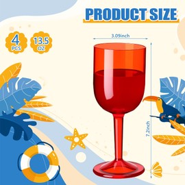 Singhoow 4 Set Floating Wine Glasses for Pool Shatterproof Plastic Drinkware Muted Color 13.5 oz Floating Cup with Stem Reusable Unbreakable Wine Cup, European Design, Outdoor, Hand Wash(Red)