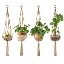 Mkono 4 Pack Macrame Plant Hangers Indoor Hanging Planter Basket Decorative Flower Pot Holder Jute Rope for Indoor Outdoor Home Decor 4 Legs 40 Inch, Brown