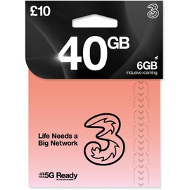 THREE pay as you go SIM Card UK - comes with 40 GB + Unltd Texts & Mins & ROAM FREE in over 70 destinations - - ROAMING ALLOWANCE 6GB