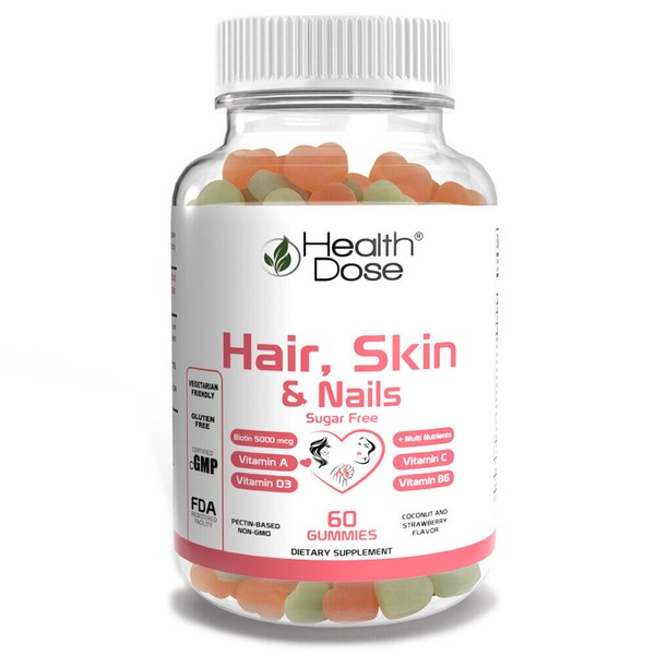 HealthDose Hair Skin Nails Biotin 5000 mcg, Vitamin A,D3,C, B6, Sugar Free 60 Ct