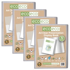 eco-eco A4 Size 50 Percent Recycled 10 Pocket Clear Presentation Display Book, Storage Case Portfolio Art Folder with Plastic Sleeves, Pack of 4, eco125x4