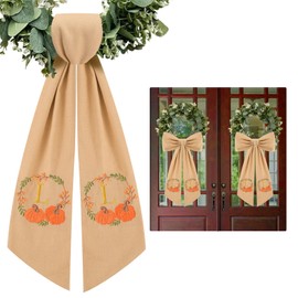 2 Pcs Fall Wreath Sash for Front Door Embroidery Monogram Pumpkin Ribbon Sash for Fall Thansgiving Yard Porch Decor (Letter L)