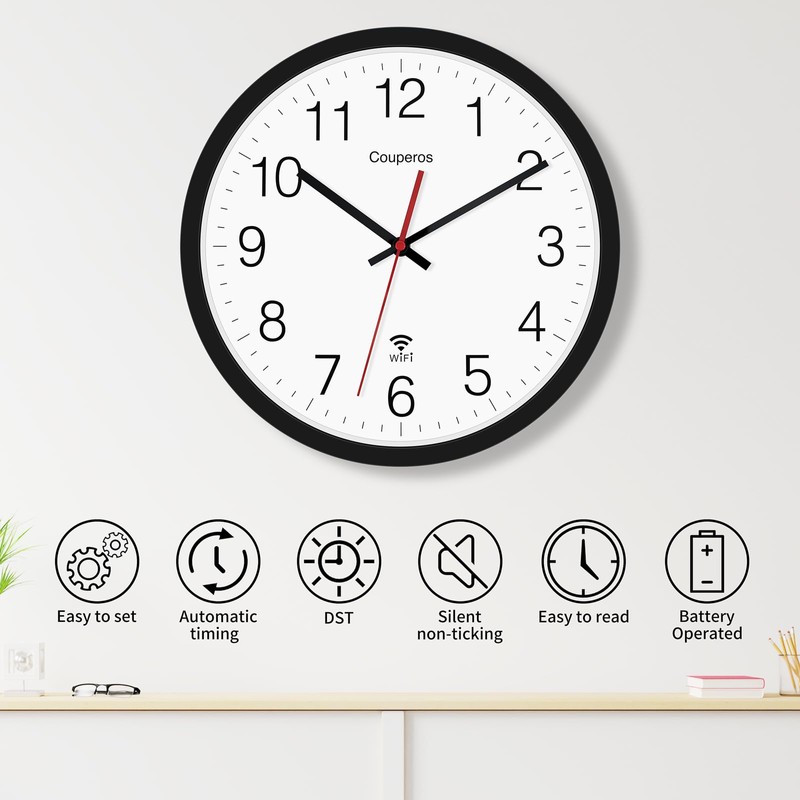 Couperos WiFi Wall Clock with Auto-DST, 12 Inch Silent Non-Ticking