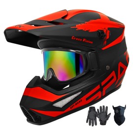 Motocross Helmet,Youth & Adult ATV Dirt Bike Motorcycle,BMX 4-Wheeler Off-Road Mountain Bike Helmet,DOT Certified,W/Gloves Goggles Mask 4-Piece Set (01 RED, Small)