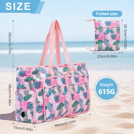 Fammio Multifunctional Women's Shopping Beach Bag, Large, Waterproof, with Zipper, Travel Bag, Pink Leaves, Practical