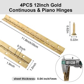 12 Inch Gold Stainless Steel Piano Hinges, 4 Pcs Continuous & Piano Hinge with Holes, Heavy Duty Piano Hinge 0.04" Leaf Thickness, 1.2'' Open Width for Furniture Cabinet Door Wooden Box Woodworking