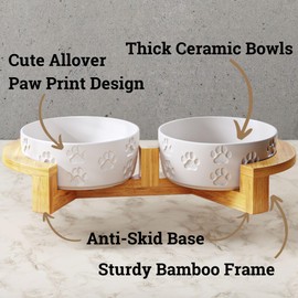 Ceramic Dog Bowls with Stand - Small Dog Bowl Set with Stand Non-Slip - Elevated Dog Bowls Set of 2 - Wooden Dog Bowl Stand - Raised Dog Bowls Small Size Dog - Ceramic Dog Bowl Set Small Sized Dog