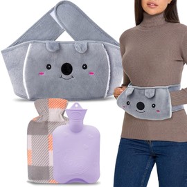 Bolsa Agua Caliente, Botella De Calentar Agua De PVC Con Funda Suave Y Cubierta De Cintura, Alivio del Dolor y Calambres Menstruales con Funda de Felpa Suave con Diseño, 1L (Púrpura)