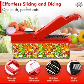 KitchenVelly 16-in-1 Vegetable Chopper and Slicer with 8 Blades – Veggie Cutter, Dicer, Food Chopper with Container & Lid – Multi-Purpose Kitchen Tool for Easy Meal Prep (Red)