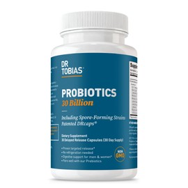 Dr. Tobias Probiotics 30 Billion, 10 Strains, 30 Billion CFU's, Targeted Release Probiotics for Women & Men, Supports Digestive Health, Shelf-Stable, Non-GMO, 30 Capsules, 30 Servings