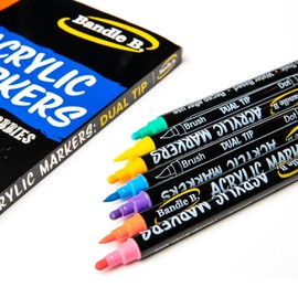Bandle B. Acrylic Paint Markers – Set of 16 Dual Tip Paint Pens with Dot and Brush Tip for Art, Rock Painting, Coloring, Journaling, Wood, Glass, Canvas and DIY Crafts