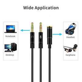 Multibao Headphone Splitter For Computer 3.5mm Female to 2 Dual 3.5mm Male Headphone Mic Audio Y Splitter Cable for Gaming Headsets to PC Adapter - Black, 25cm