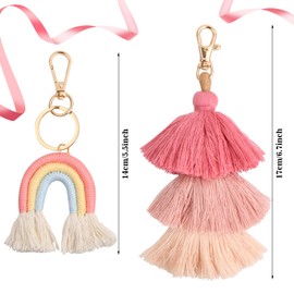 Vesaneae Pack of 2 Boho Rainbow Key Chains, Pom Pom Tassel Bag Charm, Macrame Weaving Rainbow Tassel Keyring Rainbow, Bag Pendant Keychain for Women Girls, Pink, pink