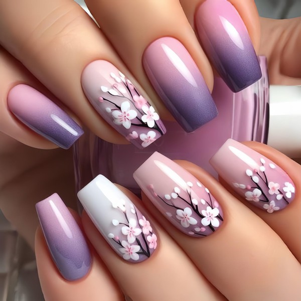 24Pcs Coffin Press on Nails Flower Fake Nails Medium Length
