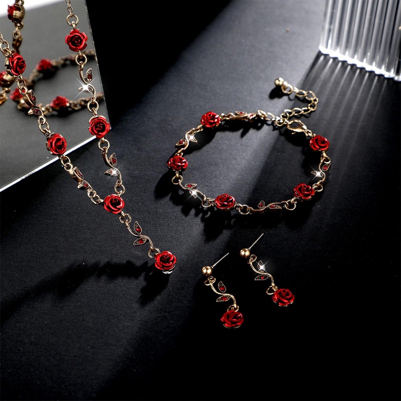 3Pcs Set Red Rose Jewelry - Rose Flower Pendant Necklace,