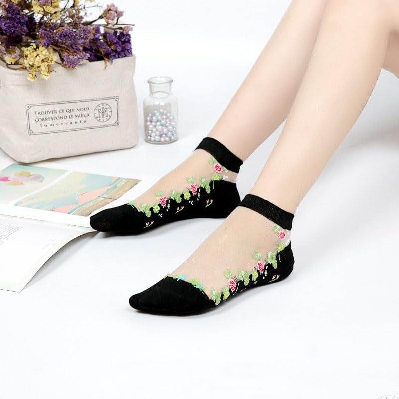 [Feiyda] 靴下 レディース 透明 花柄 ソックス 薄手 春夏用 綿底 通気性