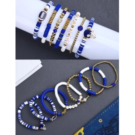 Game Day Bracelets Football Charm for Women Football Bracelets Red Black Blue Heishi Clay Beaded Stretch Bracelets Stackable Sports Bracelet Bangles Football Mom Accessories Outfits (Blue White)