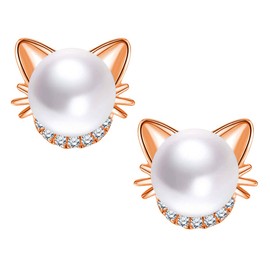 Unendlich U Stud Earrings 925 Sterling Silver Cat Pearl Earrings with Zirconia 6.5 mm Freshwater Cultured Pearls Mother's Day Gift, Silver Pearl Cubic Zirconia, Pearl
