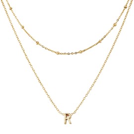 Mikovivi 1pcs Initial Letter Necklace & 1pcs Short Chain, Fashion Gold-Plated Alphabet Necklace Layered Initial Necklaces Tiny Pendant Choker Necklace for Women Jewelry (R)