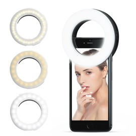 Nanairo Inc. Smartphone Ring Light, Selfie Light, Clip, 3 Color Selection, Brightness Stepless Dimming Mode, High Brightness Lighting, USB Charging Clip, 3500K - 6500K, PC Ring Light, 40 LEDs, Clip