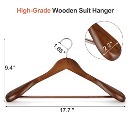TOPIA HANGER Wide Shoulder Wooden Hangers, Suit Hangers with Non Slip Pants Bar & 360° Swivel Hook, Solid Wood Heavy Duty Coat Hanger, 10 Pack (Walnut)-CT02WA-10