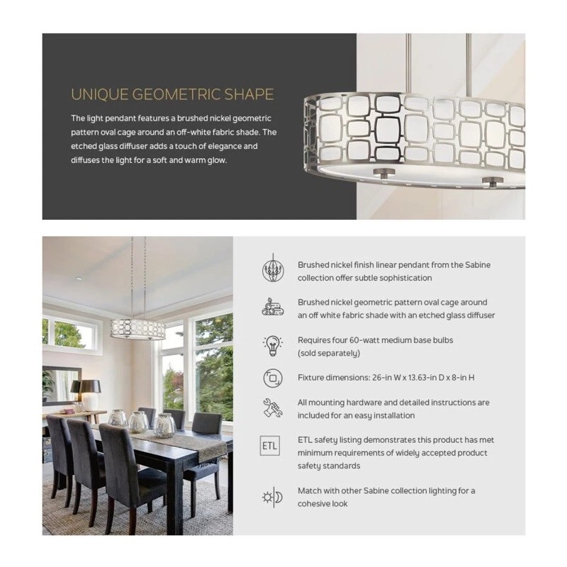 Kichler 4-Light Oval PENDANT Ceiling LIGHT Brushed Nickel Finish 26in