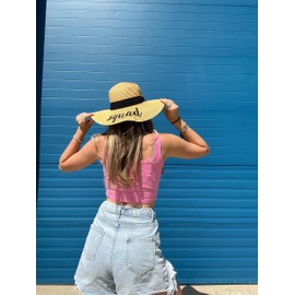 Funky Junque Embroidered Just Married Beach Hat Honeymoon Sun Hat for Bride UPF 50 Protection Adjustable Lightweight Paper Straw - Squad