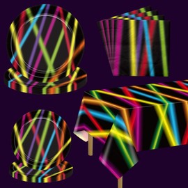 APUXXJUPA Glow Party Supplies Plates Set for 20 Guests, Including Fluorescent Lines Tablecloth, Napkins and Plates for Glowing Birthday Art Black Light Party Supplies Decorations