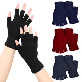 VEGCOO 4 Pairs Half Finger Gloves, Winter Knit Fingerless Gloves for Women Men (Black/Grey/Red/Blue)
