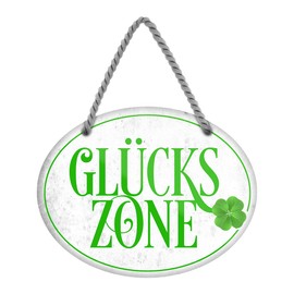 Glückszone Sign - Hanging Sign with Cord and Suction Cup - Retro Decorative Tin Sign with Clover Leaf - 18 x 12 cm