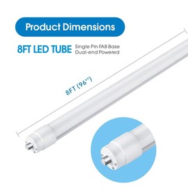 T8 8FT LED Tube Light, 8 Foot T8 LED Tube Light Single Pin FA8 Base, Ballast Bypass 50W 6750LM, 6500K Cool White, Frosted Cover (Replace 150W LED Flourescent Bulbs) Dual-Ended Power AC100-277V 12PACK