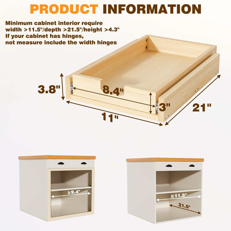 Grehitk Pullout Cabinet Organizer, 11''W×21''D×3''H Slide Out Shelves for Kitchen