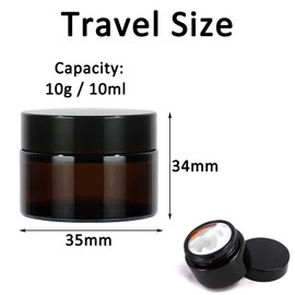 Yalbdopo 6Pcs 10ml / 10g Empty Amber Glass Cosmetic Sample Containers with Black Plastic Lids and Inner Liners - Refillable Mini Travel Pot Jars for Makeup Face Creams Lip Balm Lotion Beauty Nails