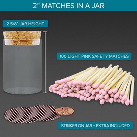 2" Light Pink Tip Safety Matches | 100+ Quality Artisan Matchsticks with Chic Jar, Cork Lid & Striker by Thankful Greetings | A Unique Gift Great for Candle Lovers, Home Decor, Wedding Giveaways