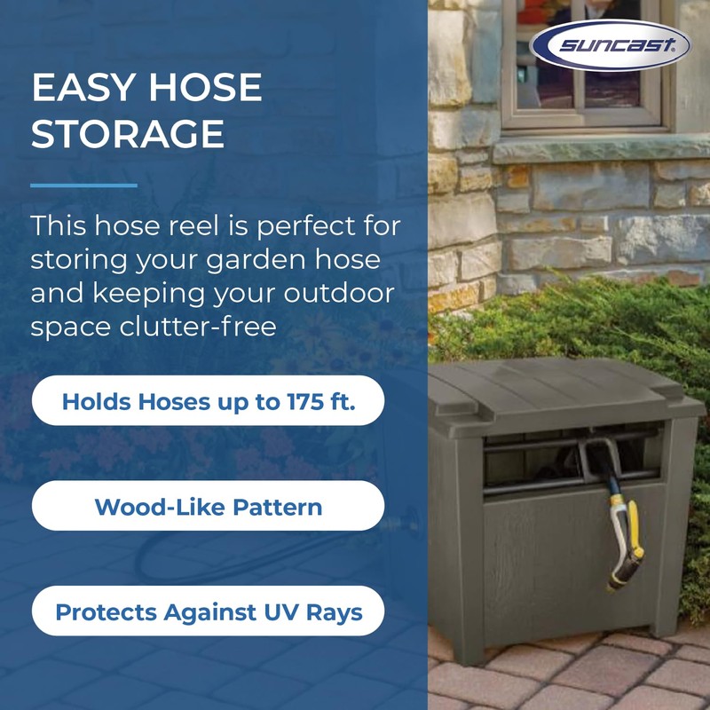 Suncast Farmington Weatherproof Smart-Tube Garden Hose Storage Container, Outdoor Hideaway
