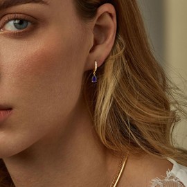 TOBENY Dangle Earrings for Women Trendy 14K Plated Hypoallergenic Drop Hoop Earrings Dainty Diamond Green Emerald Birthstone Huggie Earrings for Birthday Gifts