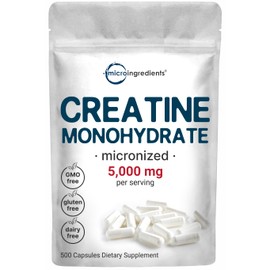 Micro Ingredients Creatine Monohydrate 5,000mg, 500 Capsules | Pure Creatine Pills C Micronized + Unflavored Powder Source, Easy Absorption | Pre Workout & Muscle Health Support | Keto, Non-GMO