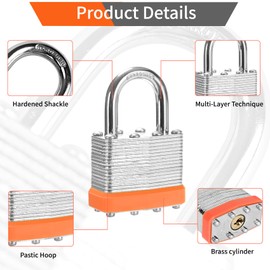 HZSY Laminated Steel Keyed Padlock (1-9/16", 40mm)，Keyed Alike Locks，Packed of 12，Normal Shackle Padlocks，Orange Plastic Hoops，for Toolbox，Locker & StorageUnit or More
