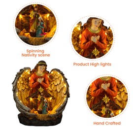 Skyant 9" Christmas Nativity Scene Figurine with Lights, Holy Family with Praying Angel Sculpture - Resin Vintage Religious Art, Indoor Home Xmas Tabletop Office Decor（B）