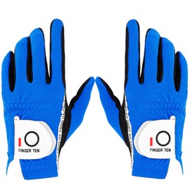 FINGER TEN Men’s Golf Glove Rain Grip Pair Both Hand or 2 Pack Left Right Hand, Hot Wet Weather No Sweat, Black Gray Green, Fit Size Small Medium Large XL (Blue, M/Large, Ambidextrous)