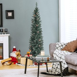 HAPPYGRILL 6 Feet Slim Pencil Christmas Tree, Snowy Artificial Xmas Tree with 267 PVC Branch Tips & 31 Pine Cones, Festival Celebration Tree for Home Office & Shop