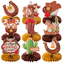 9pcs A Little Cowgirl' s First Rodeo Honeycomb Centerpieces Wild West First Birthday Party Table Decorations Baby Shower One Birthday Table Topper Sign Decors (Brown - Cowboy)