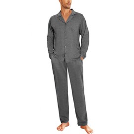 Aseniza Men's Long Pyjamas Button Down Cotton Two-Piece Sleepwear Men's Long Sleeve Set Winter, gray, M
