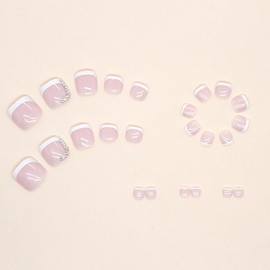 White French Tip Press on Toenails Beach Fake Toe Nails with Rhinestones Designs Short Toenail Press ons Glossy Glue on Tonails Light Pink Full Cover Artificial Stick on Nails for Women 24Pcs