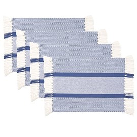 Sticky Toffee Cotton Woven Placemat Set with Hand-Knotted Fringe, Kitchen or Dining Table, Diamond and Stripe Pattern, 4 Pack Placemats, 14 in x 19 in, Blue