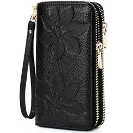 MoraMok Genuine Leather Wallet for Women, Large Capacity Credit Card Holder Wallet with RFID Blocking, Double Zipper Pocket, Phone Wristlet Purse (Black)