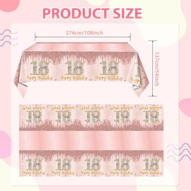 18th Birthday Decorations for Girls Pink Rose Gold Happy 18 Birthday Theme Table Cover Party Supplies Eighteen Year Old Birthday Plastic Disposable Rectangular Tablecloth Decor