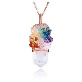 VadiForest 7 Chakra Stone Life Tree Wire Wrapped Pendant Necklace Reiki Crystal Tumbled Stones Pendant Clear Quartz Hexagonal Point Necklace Jewelry for Good Luck Yoga Meditation