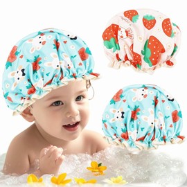 2PCS Kids Shower Caps, Waterproof Double Layers Shower Cover, Strawberry Bunny Pattern Shower Cap, Cute Rabbit/Elastic Satin Band Bonnet, 9.05 x 9.05 Inch Soft Sleeping-Reusable-Cap (Yellow, Green)